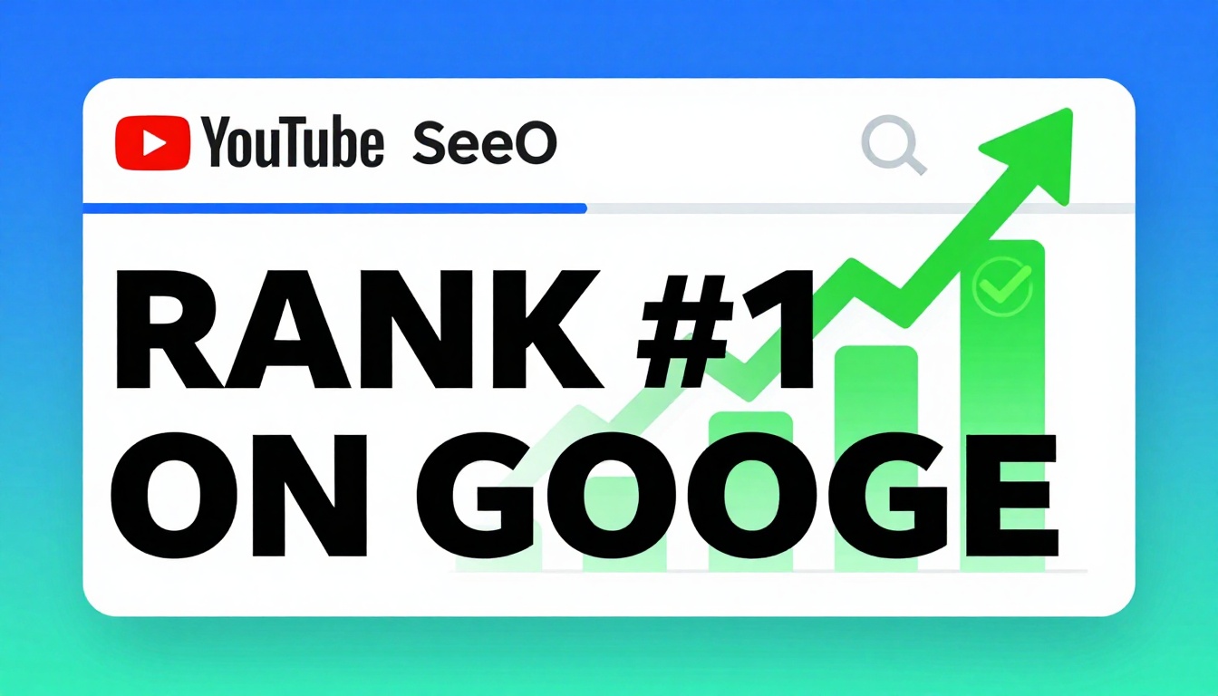 YouTube thumbnail marketing style. Bold text "RANK #1 ON GOOGLE" with Surfer Seo Alternative.