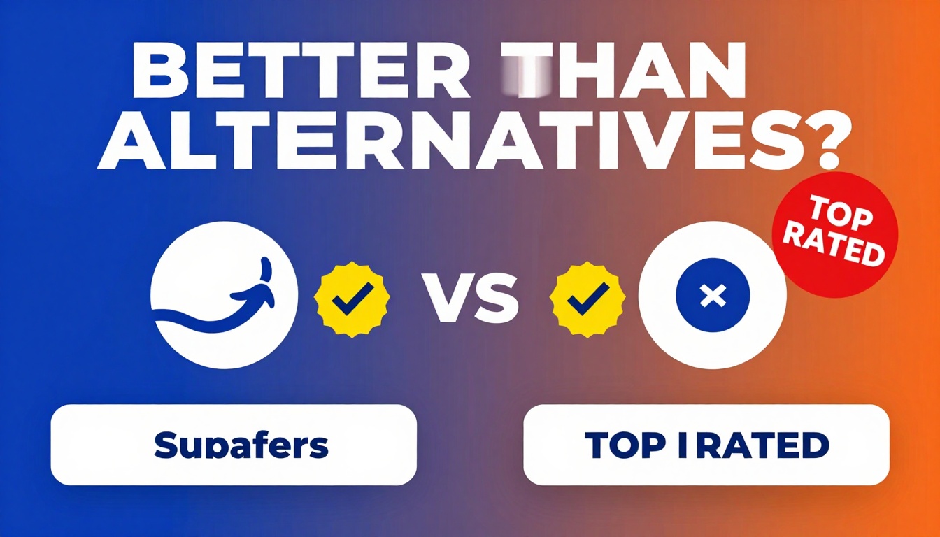 YouTube thumbnail marketing style. Bold text "BETTER THAN ALTERNATIVES?"
Surfer Seo Alternat