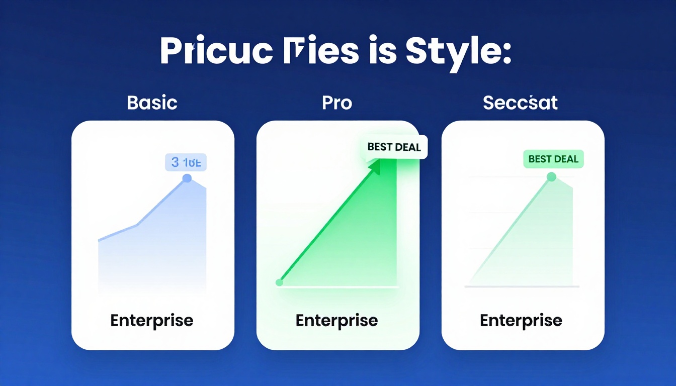 YouTube thumbnail marketing style. Pricing tier comparison visual.
Three pricing boxes: Basi