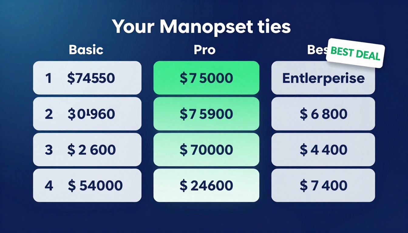 YouTube thumbnail marketing style. Pricing tier comparison visual.
Three pricing boxes: Basi