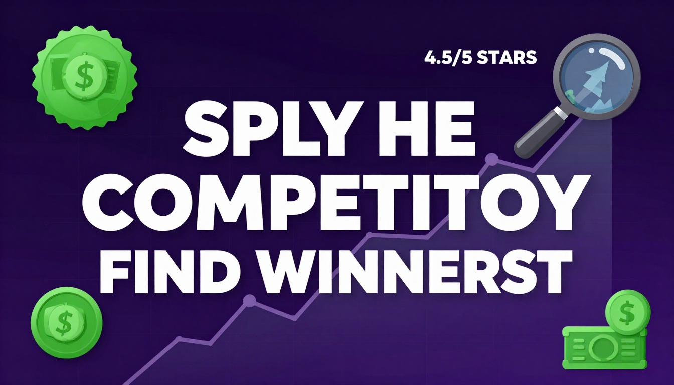YouTube thumbnail marketing style. Bold white text "SPY ON COMPETITORS" or "FIND WINNERS FAST".