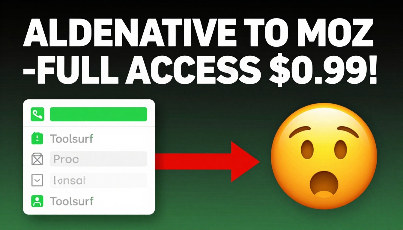 YouTube thumbnail marketing style. Bold white text "ALTERNATIVE TO MOZ - FULL ACCESS $0.99".