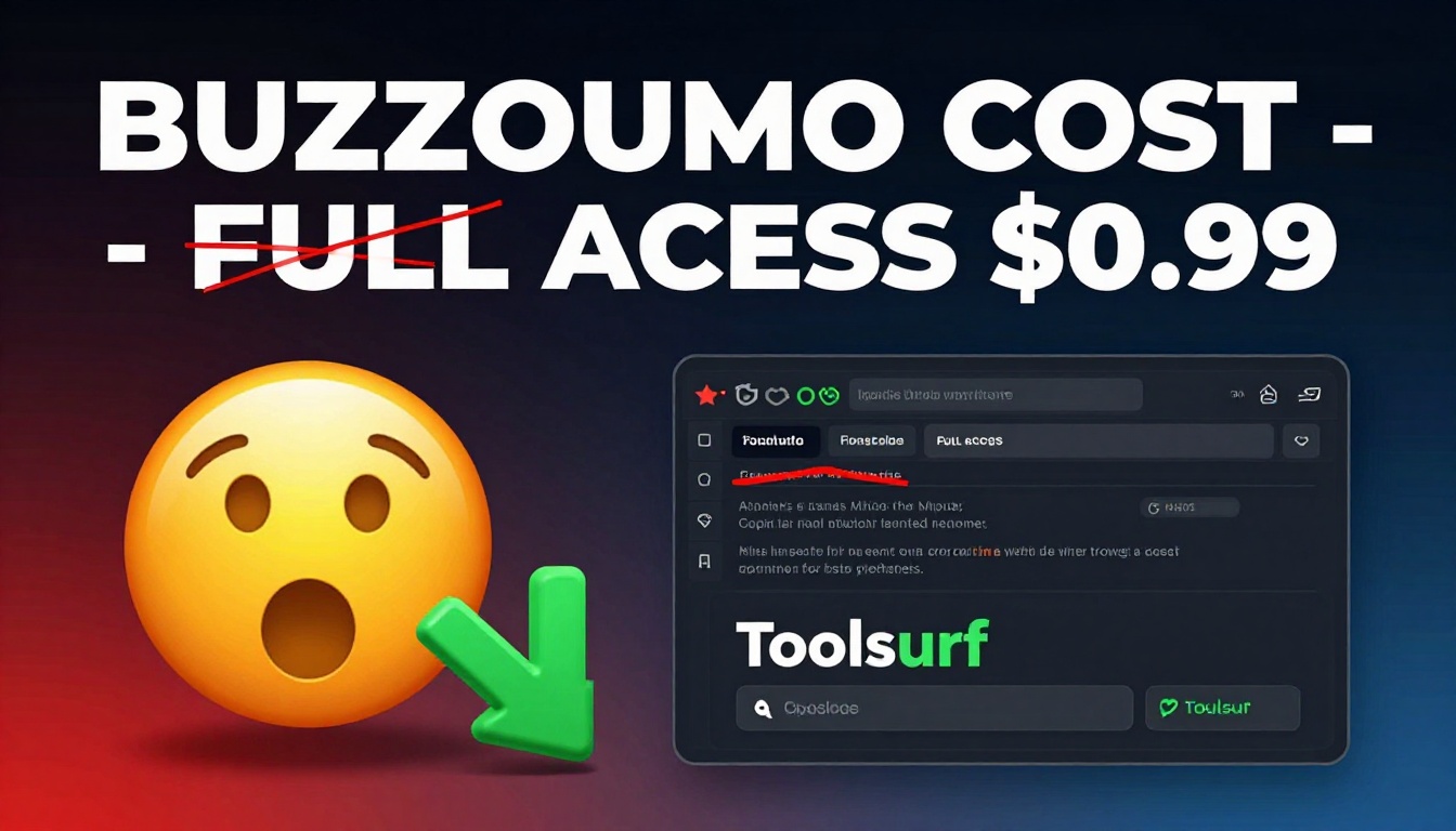 YouTube thumbnail marketing style. Bold white text "BUZZSUMO COST - FULL ACCESS $0.99".
Spli