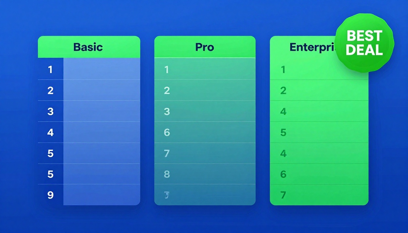 YouTube thumbnail marketing style. Pricing tier comparison visual.
Three pricing boxes: Basi