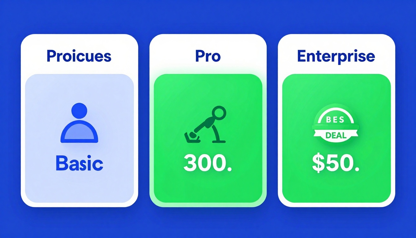 YouTube thumbnail marketing style. Pricing tier comparison visual.
Three pricing boxes: Basi