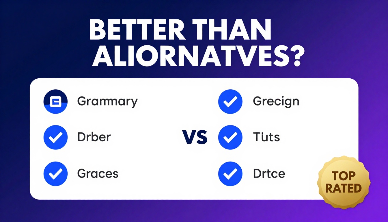 YouTube thumbnail marketing style. Bold text "BETTER THAN ALTERNATIVES?"
Grammarly Alternati