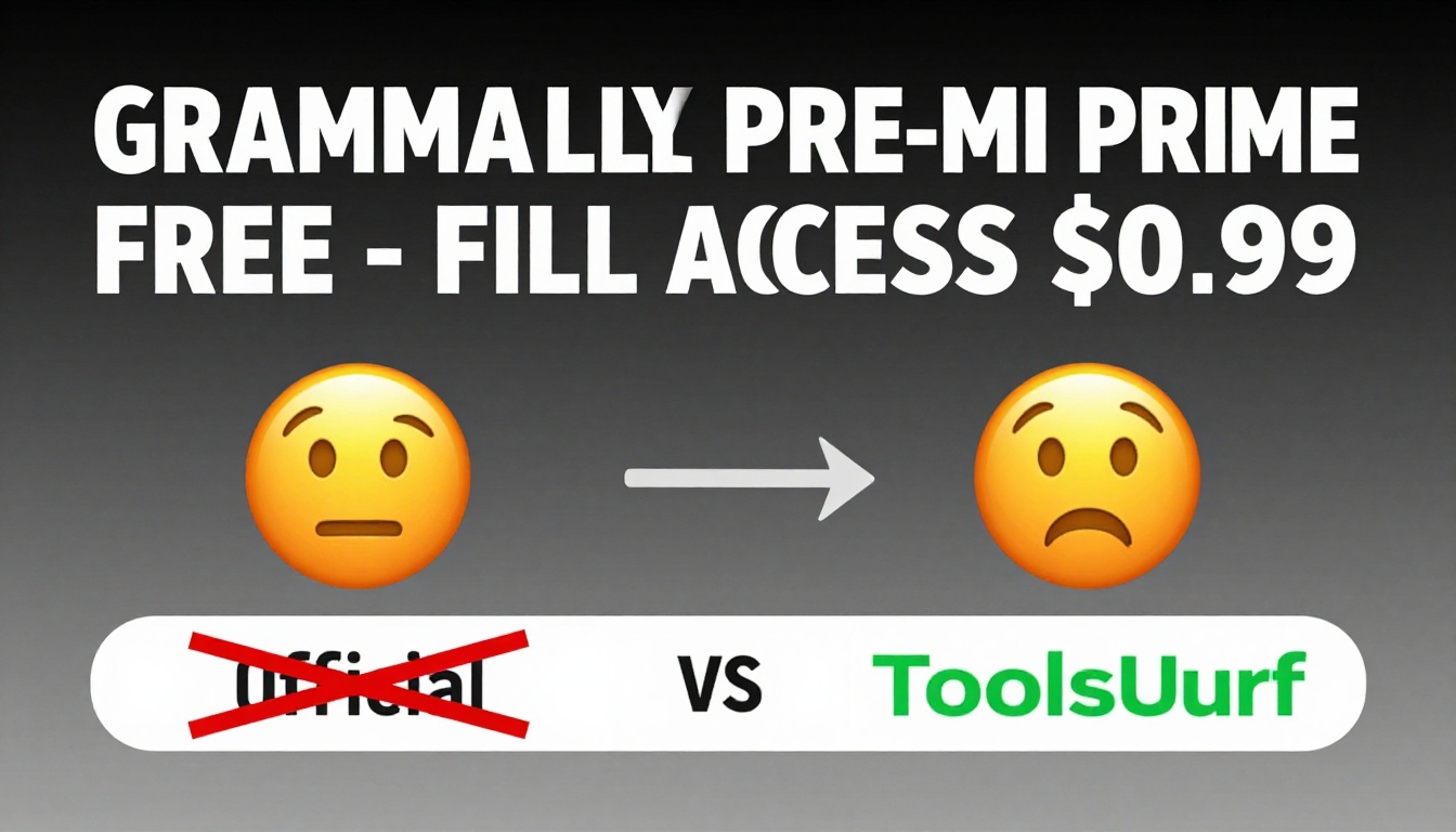 YouTube thumbnail marketing style. Bold white text "GRAMMARLY PREMIUM FREE - FULL ACCESS $0.99".
