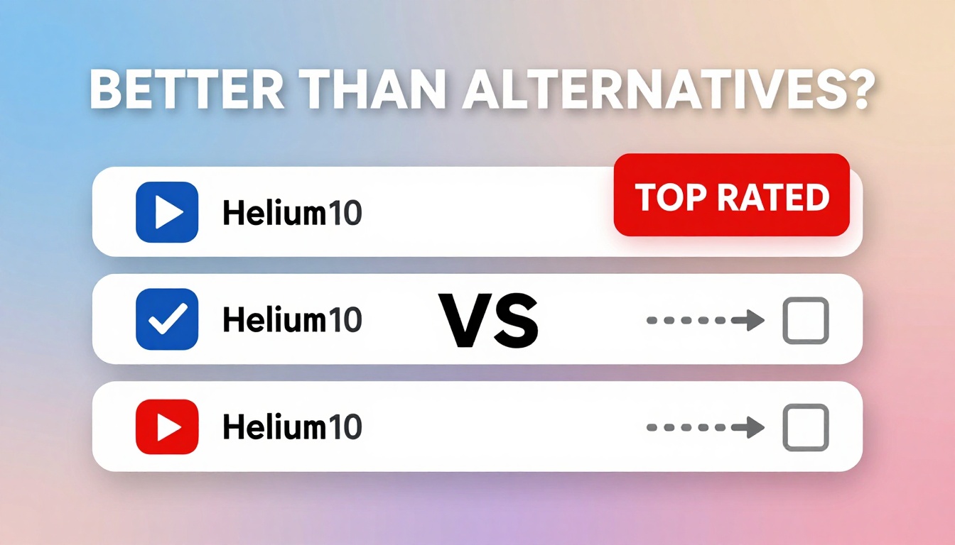 YouTube thumbnail marketing style. Bold text "BETTER THAN ALTERNATIVES?"
Helium 10 Coupon Co