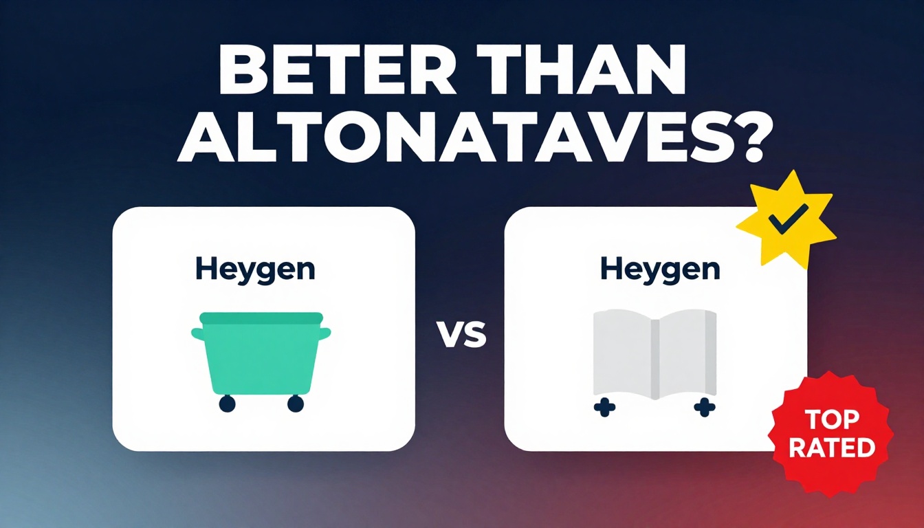 YouTube thumbnail marketing style. Bold text "BETTER THAN ALTERNATIVES?"
Heygen Cost icon vs
