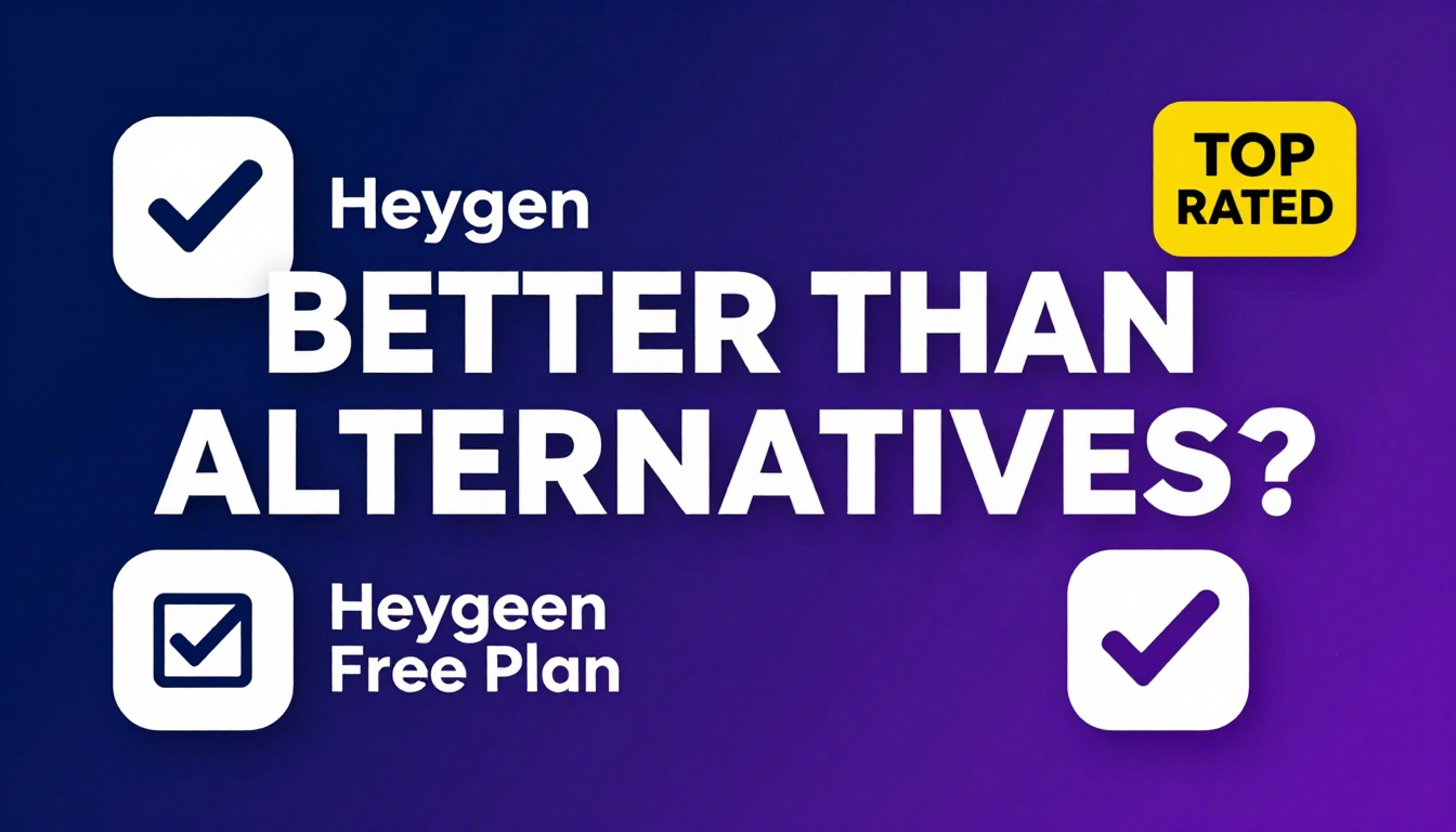 YouTube thumbnail marketing style. Bold text "BETTER THAN ALTERNATIVES?"
Heygen Free Plan ic