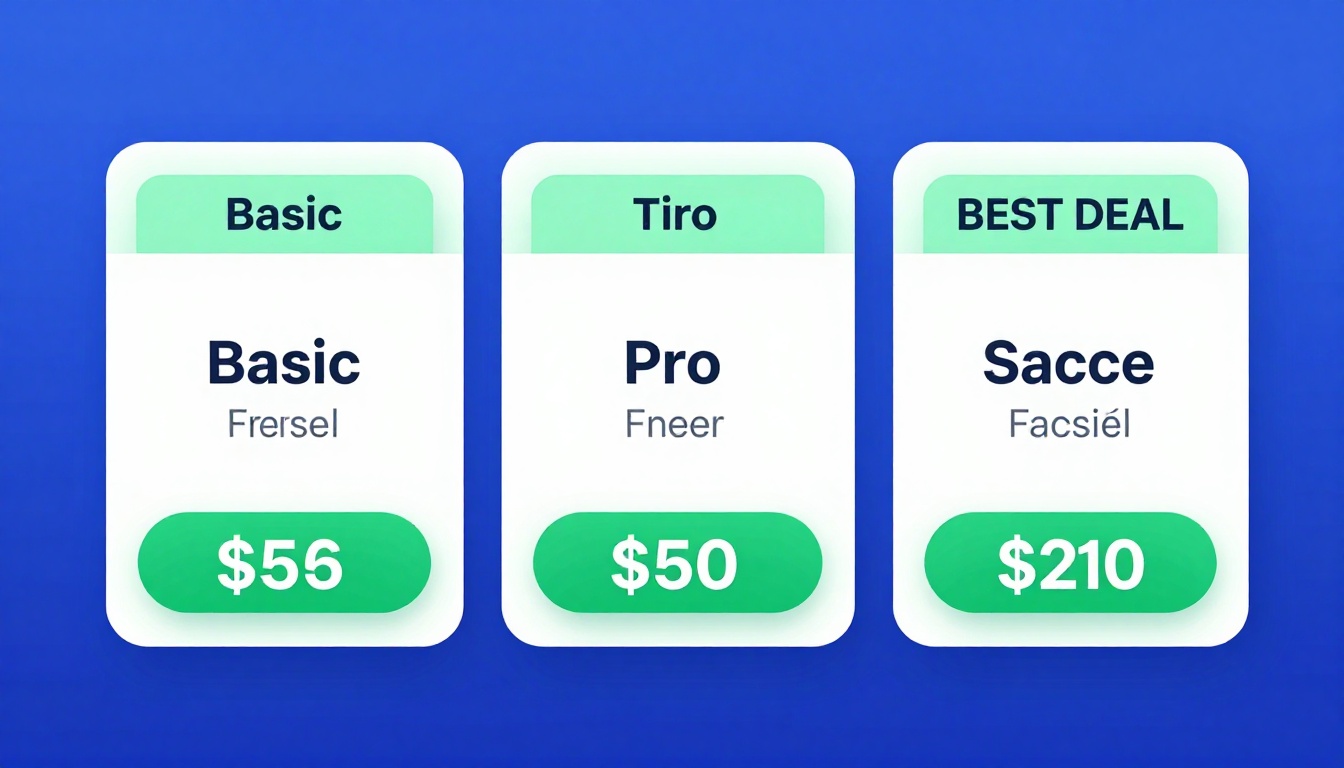YouTube thumbnail marketing style. Pricing tier comparison visual.
Three pricing boxes: Basi
