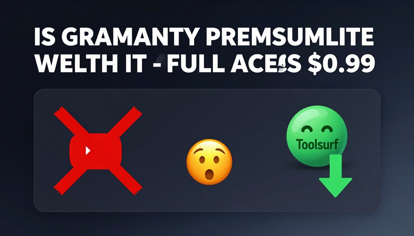 YouTube thumbnail marketing style. Bold white text "IS GRAMMARLY PREMIUM WORTH IT - FULL ACCESS $0.9