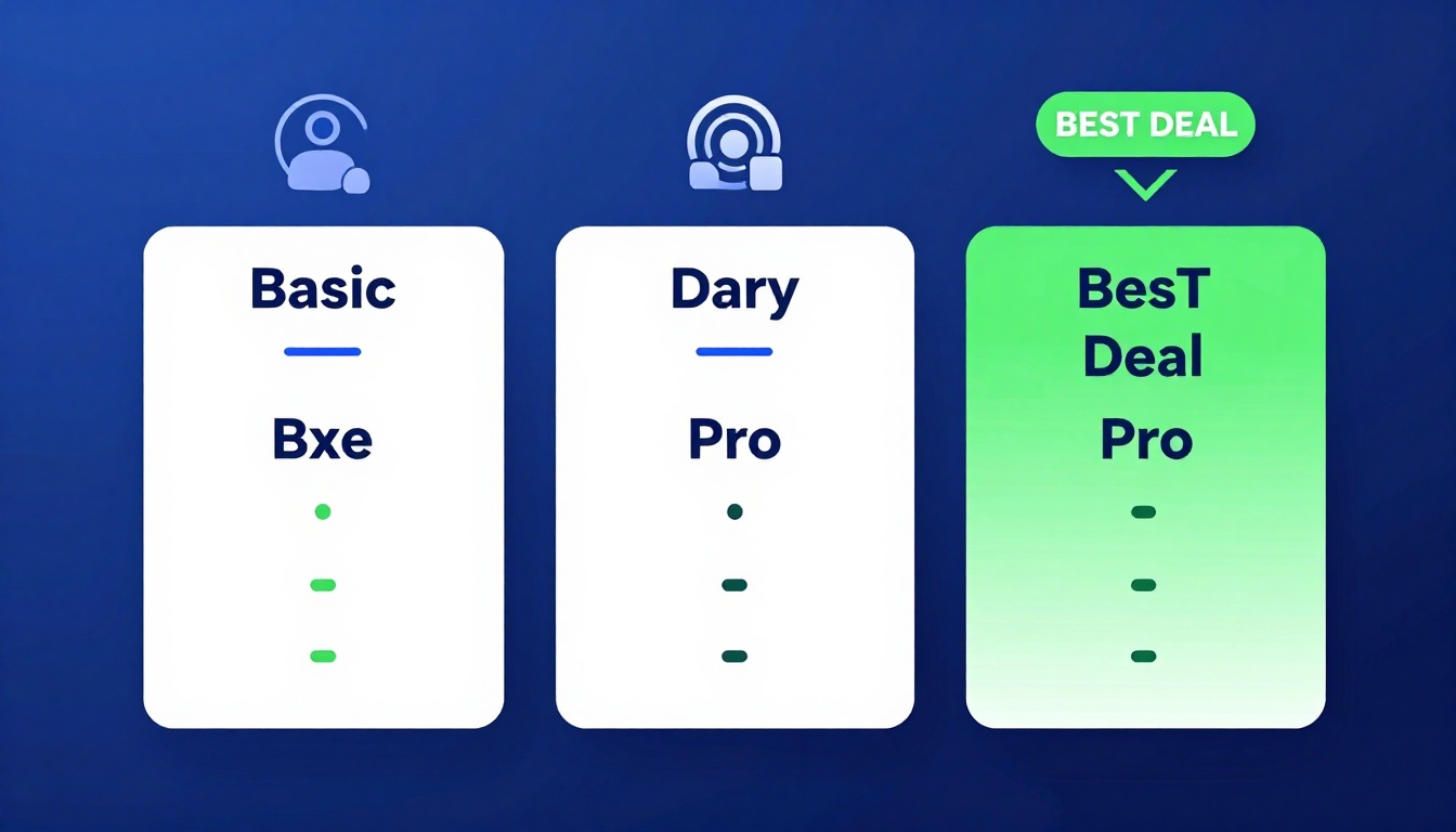 YouTube thumbnail marketing style. Pricing tier comparison visual.
Three pricing boxes: Basi