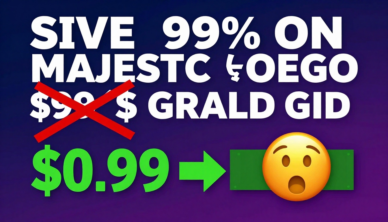 YouTube thumbnail marketing style. Bold white text "SAVE 99% ON MAJESTIC SEO AHREFS GROUP BUY".