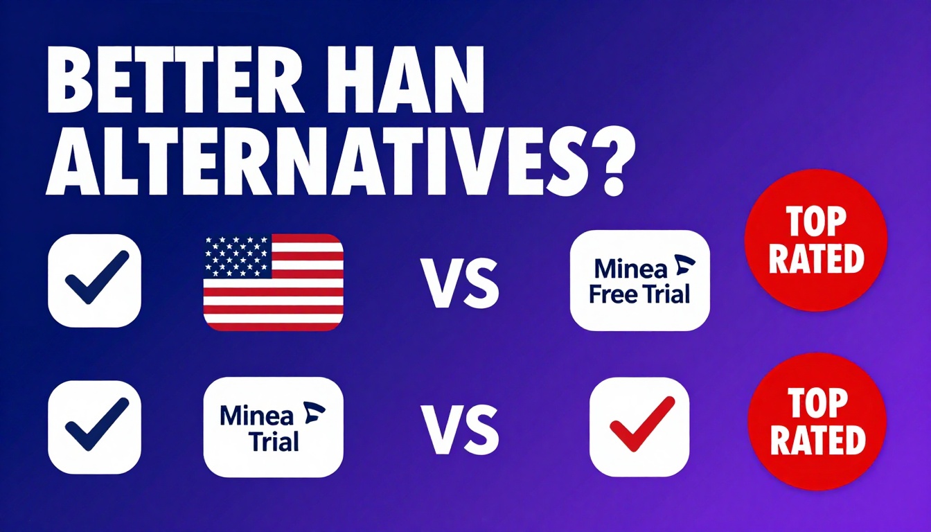 YouTube thumbnail marketing style. Bold text "BETTER THAN ALTERNATIVES?"
Minea Free Trial ic