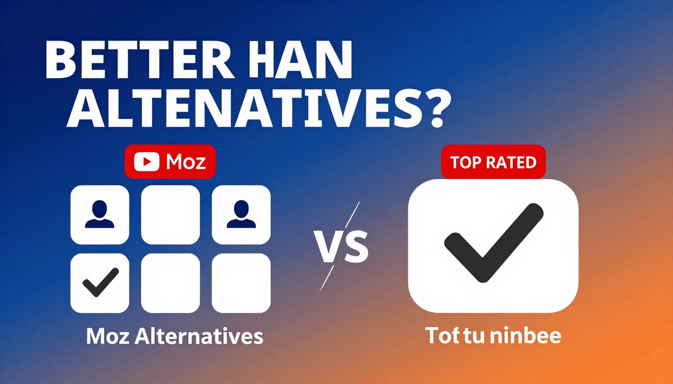 YouTube thumbnail marketing style. Bold text "BETTER THAN ALTERNATIVES?"
Moz Alternatives ic