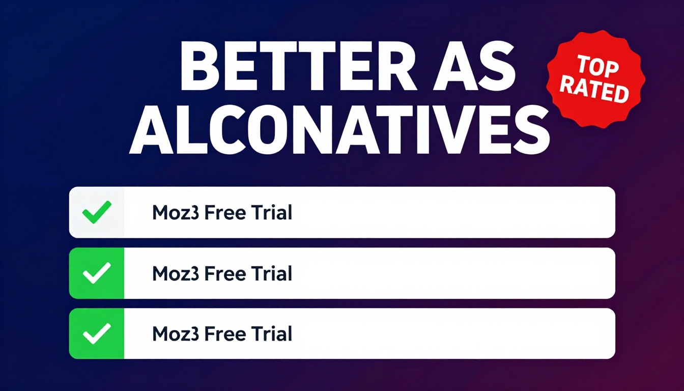 YouTube thumbnail marketing style. Bold text "BETTER THAN ALTERNATIVES?"
Moz Free Trial icon