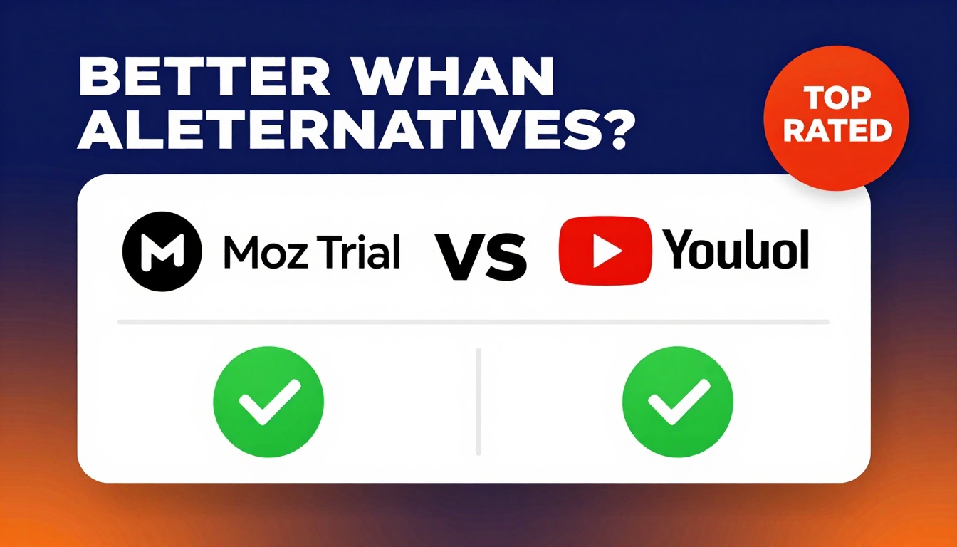 YouTube thumbnail marketing style. Bold text "BETTER THAN ALTERNATIVES?"
Moz Trial icon vs c