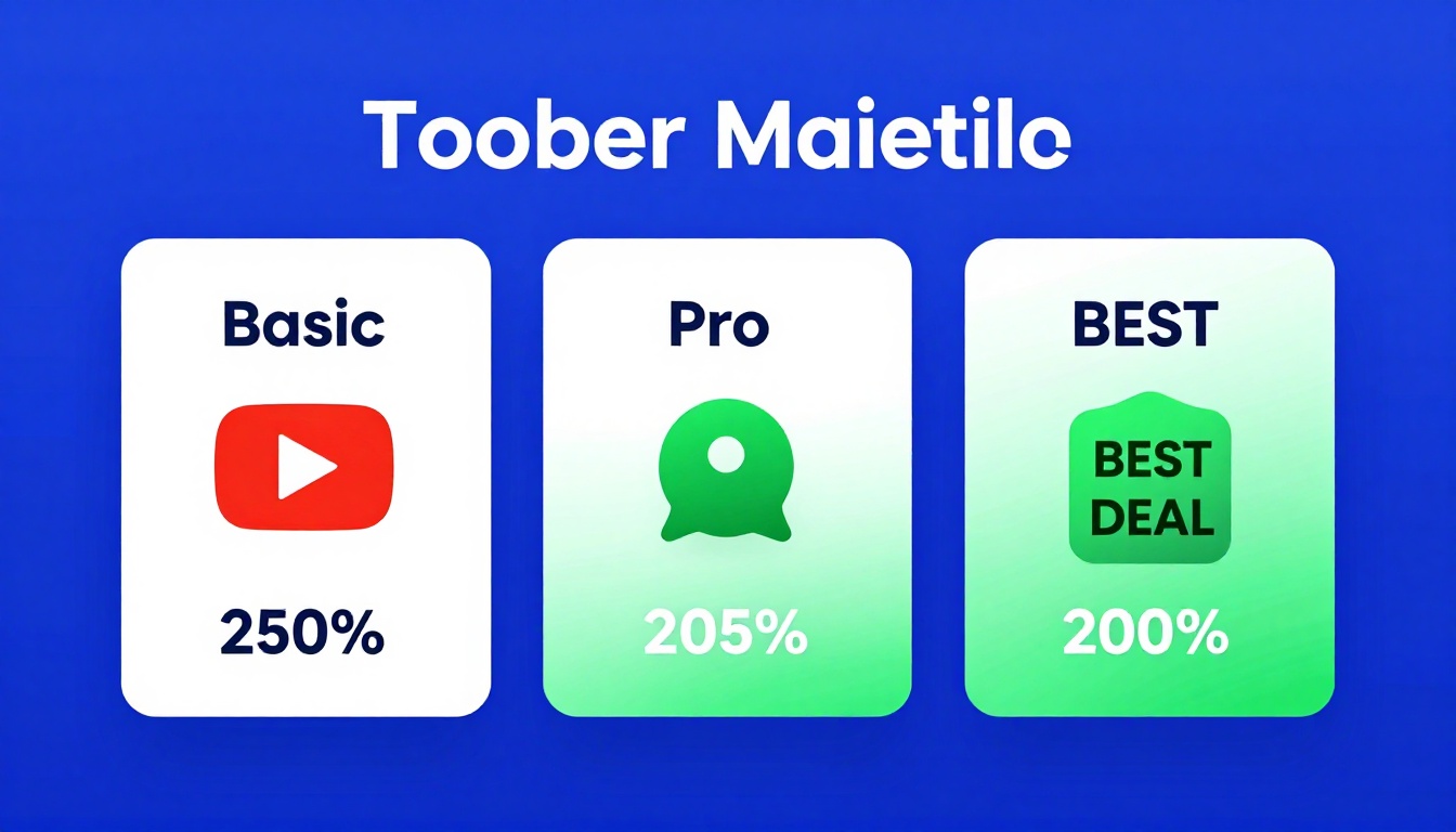YouTube thumbnail marketing style. Pricing tier comparison visual.
Three pricing boxes: Basi