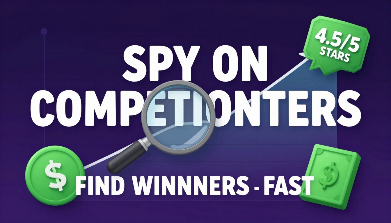 YouTube thumbnail marketing style. Bold white text "SPY ON COMPETITORS" or "FIND WINNERS FAST".