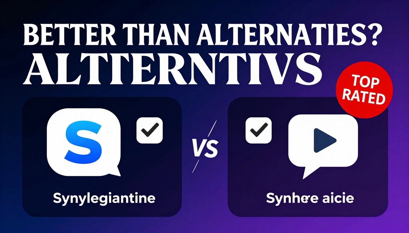 YouTube thumbnail marketing style. Bold text "BETTER THAN ALTERNATIVES?"
Synthesia Alternati