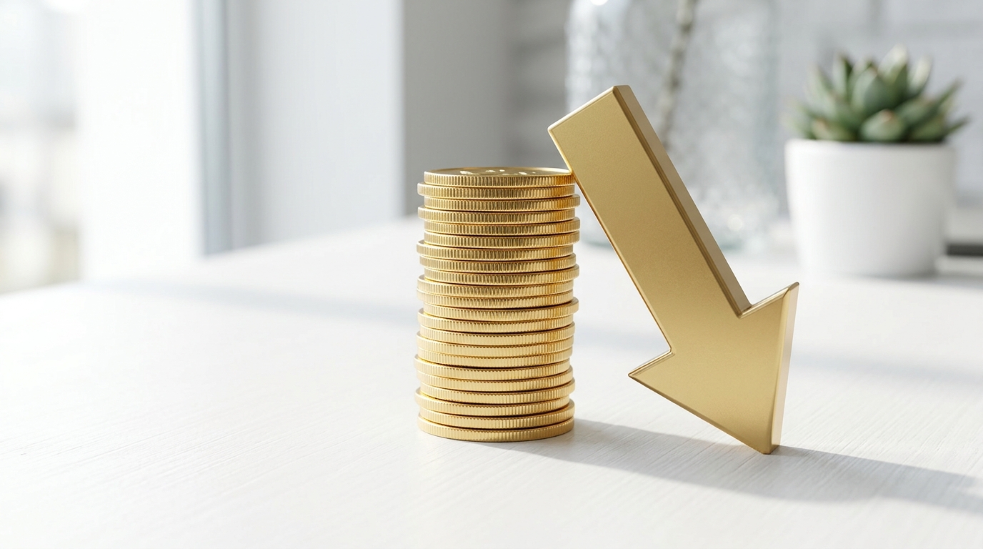 A minimalist visual of stacked golden coins beside a downward-pointing arrow on a clean white surface, symbolizing cost 