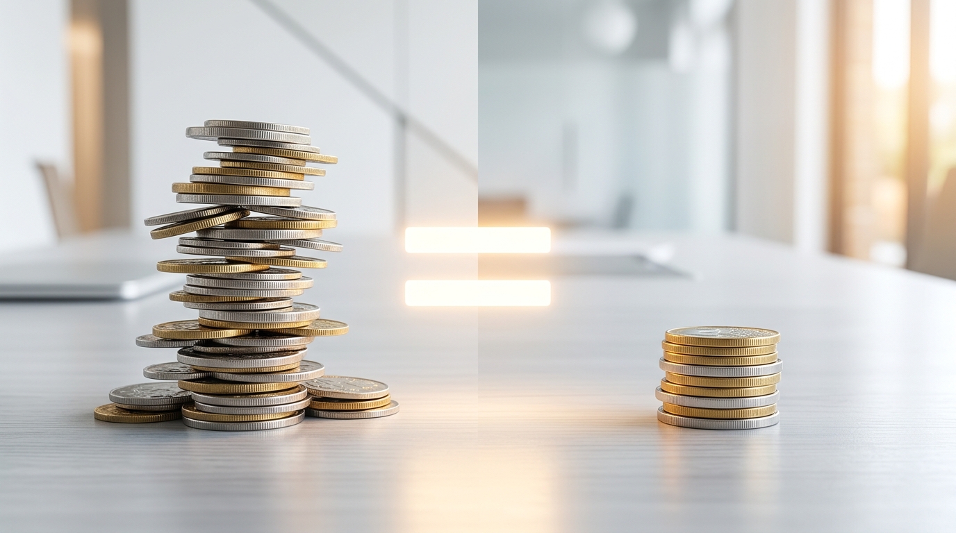 A visual split scene showing a large stack of coins on one side and a small, neat pile of coins on the other, connected 