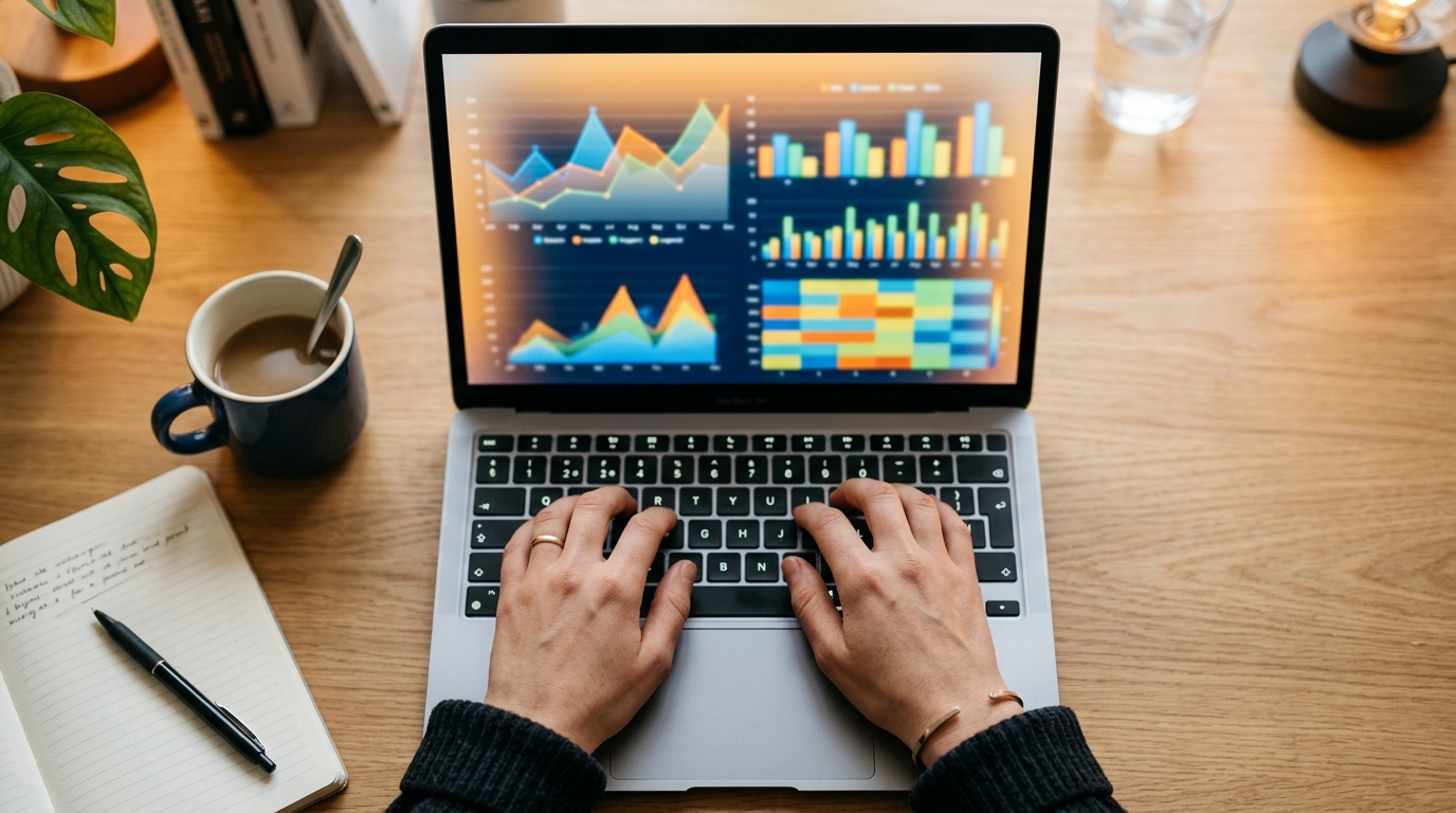 A close-up, overhead view of a person's hands typing on a laptop keyboard with colorful data charts and graphs softly gl