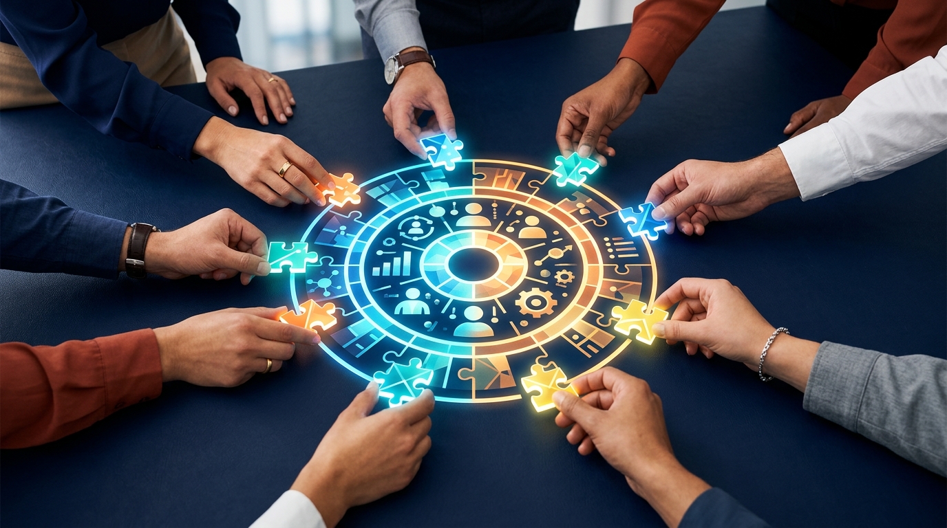 A group of diverse hands each placing a single puzzle piece into a glowing circular mosaic on a dark navy surface, symbo