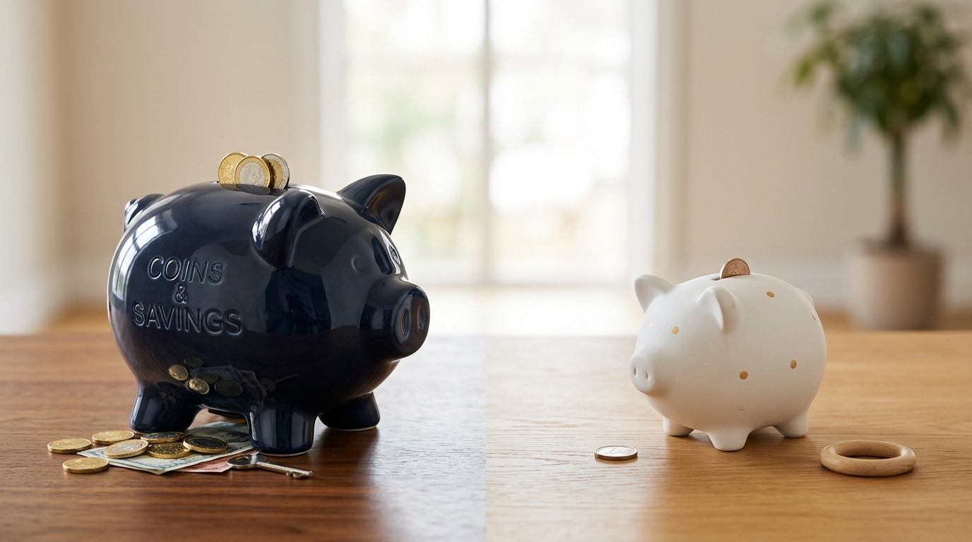 A split visual of two contrasting piggy banks side by side — one large and heavy, one small and light — resting on a cle
