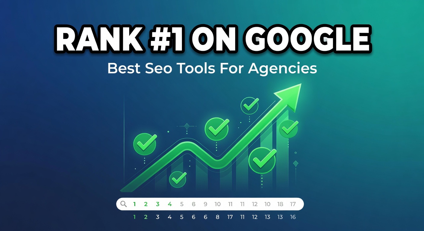 YouTube thumbnail marketing style. Bold text "RANK #1 ON GOOGLE" with Best Seo Tools For Agencies.
