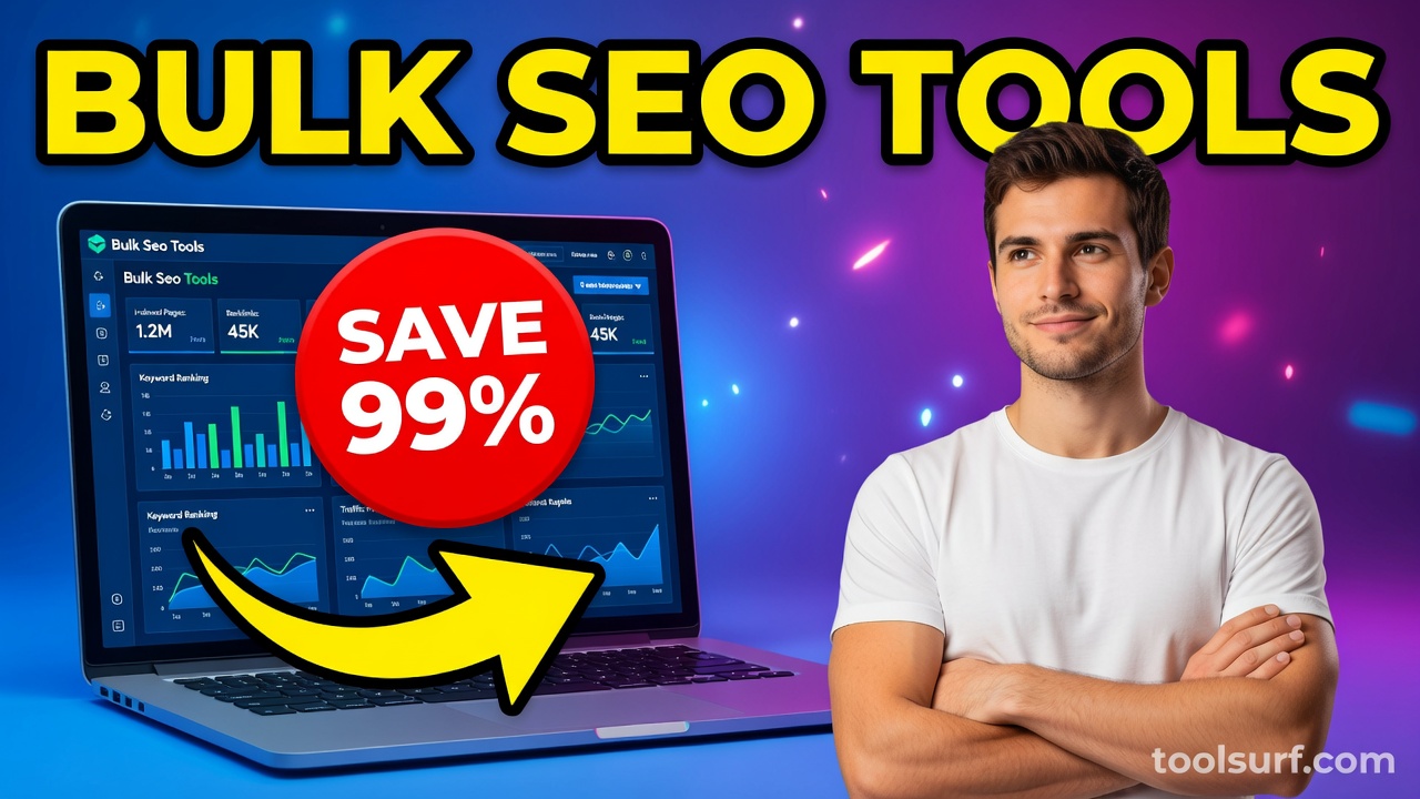 YouTube thumbnail style blog featured image, 16:9 landscape. Large bold yellow blocky text with blac