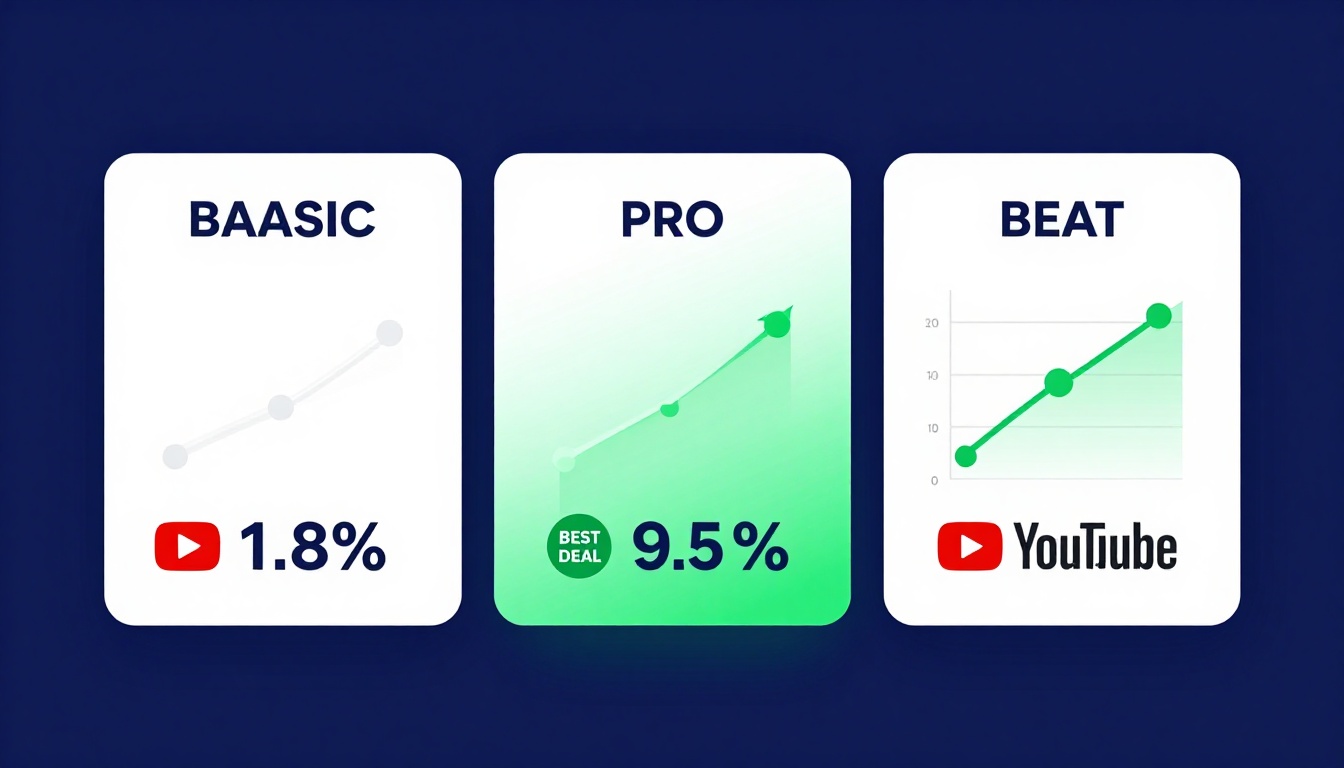 YouTube thumbnail marketing style. Pricing tier comparison visual.
Three pricing boxes: Basi