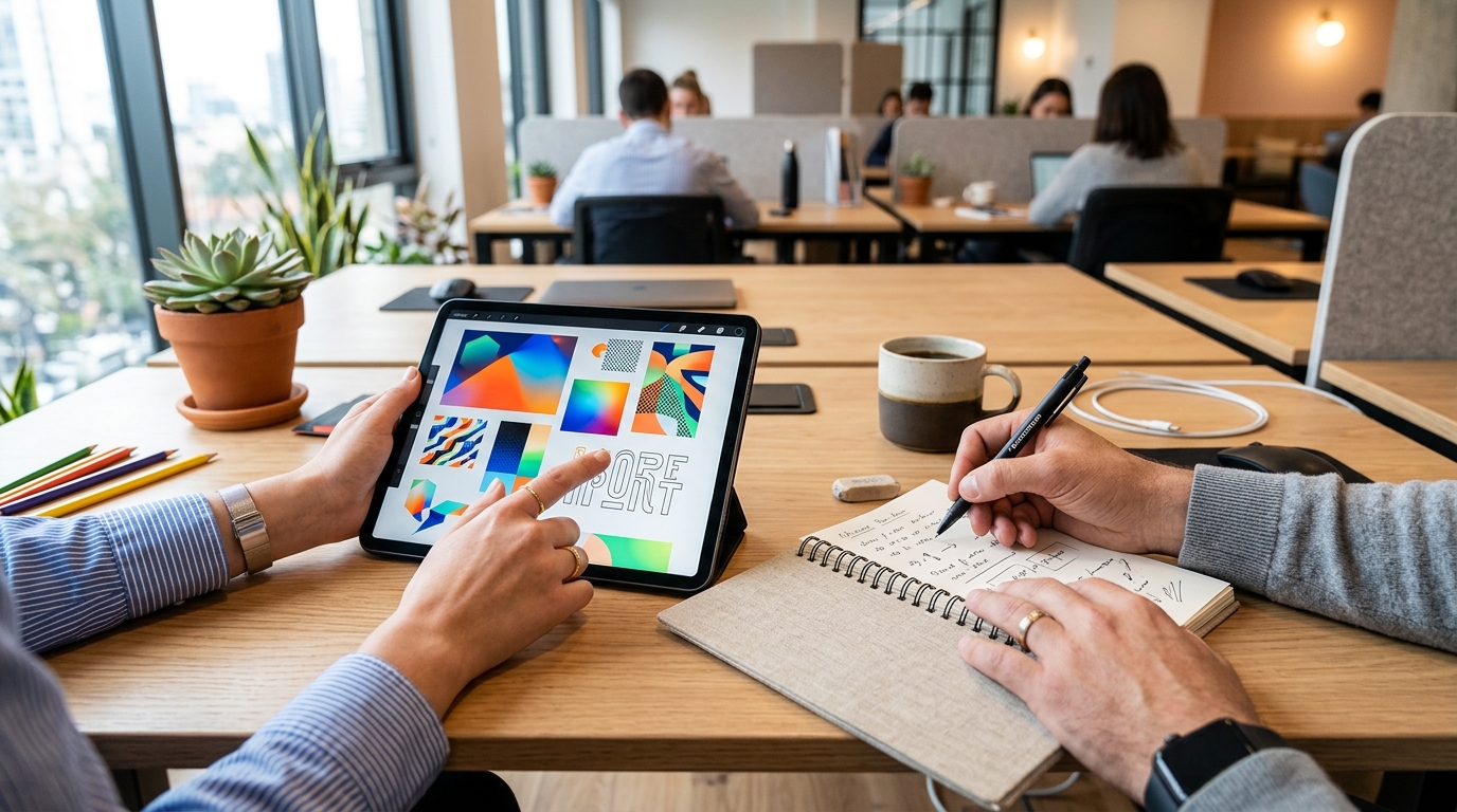 A close-up, overhead view of two hands collaborating at a shared desk — one pointing at a tablet showing bold, colorful 