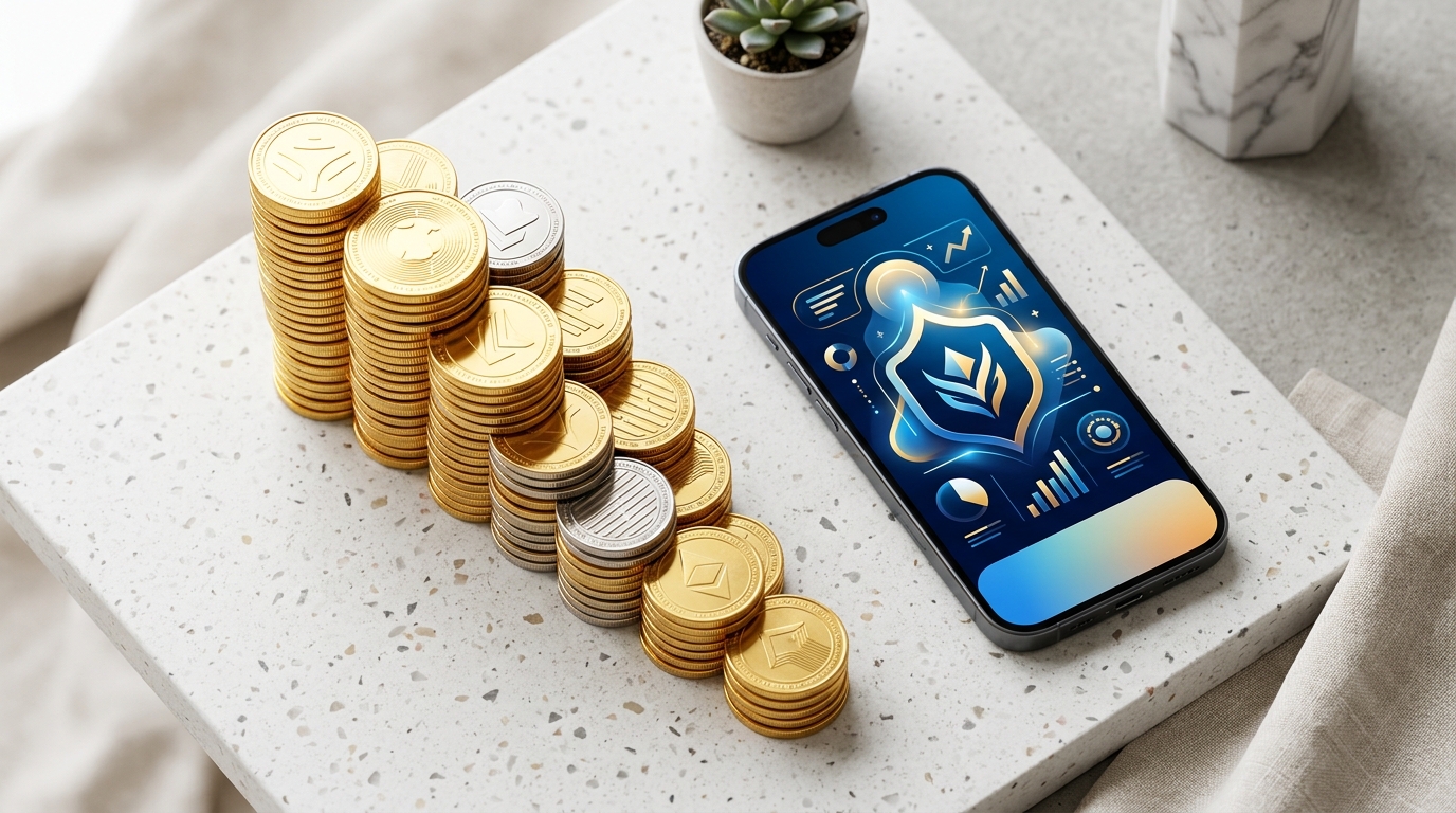 A stylized flat-lay of stacked golden coins arranged in a decreasing staircase pattern beside a smartphone displaying a 