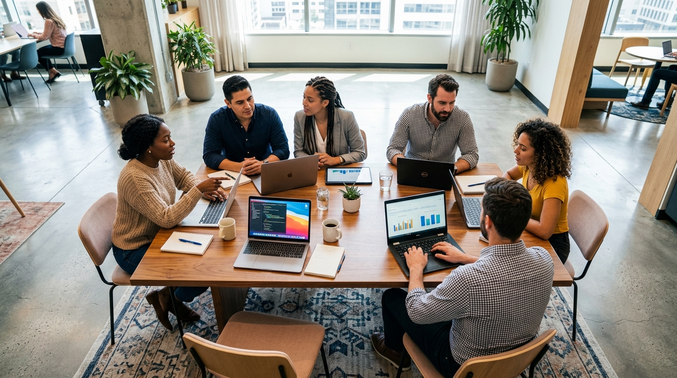 A bird's-eye view of a group of diverse professionals gathered around a shared table in a bright modern coworking space,