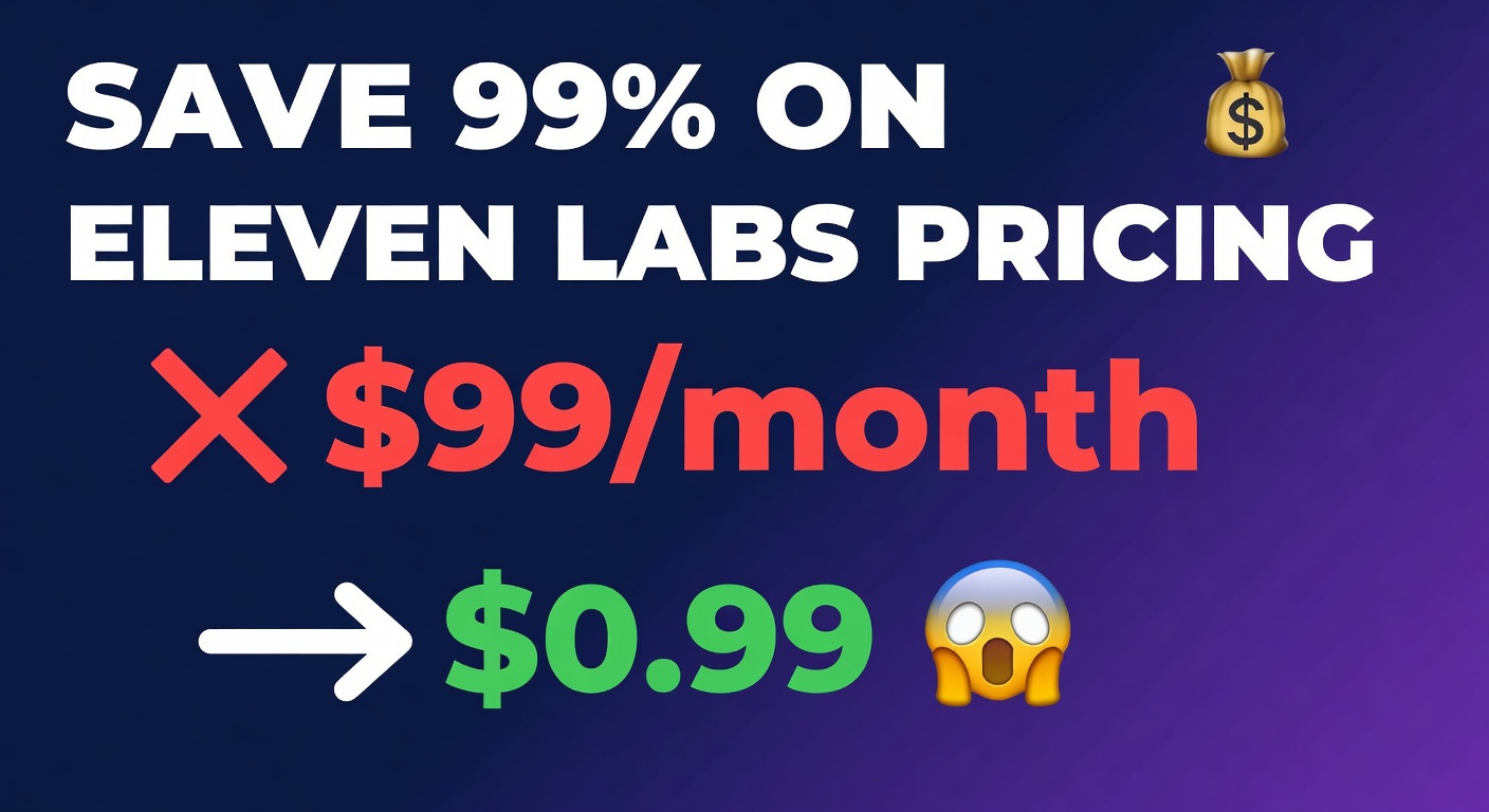 YouTube thumbnail marketing style. Bold white text "SAVE 99% ON ELEVEN LABS PRICING".
Split