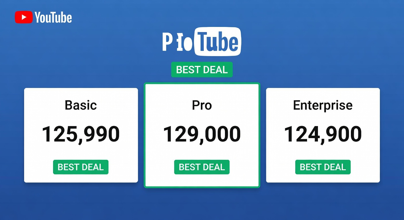 YouTube thumbnail marketing style. Pricing tier comparison visual.
Three pricing boxes: Basi