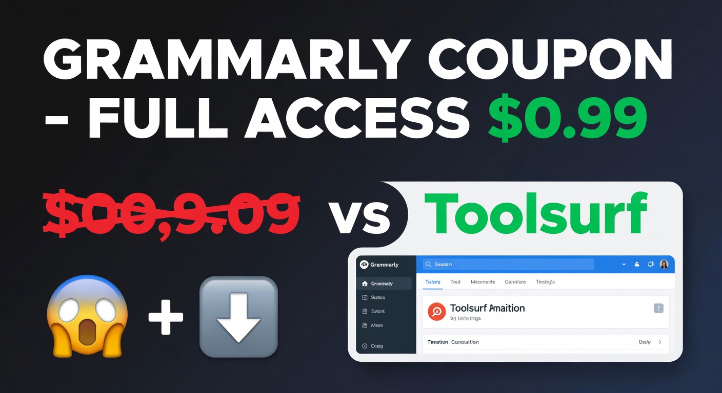 YouTube thumbnail marketing style. Bold white text "GRAMMARLY COUPON - FULL ACCESS $0.99".
S