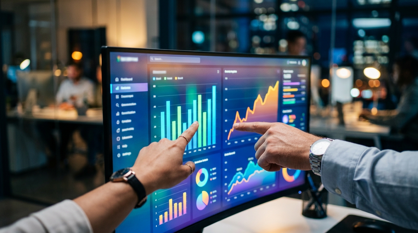 A close-up of two hands collaboratively pointing at a large glowing dashboard screen displaying colorful data visualizat