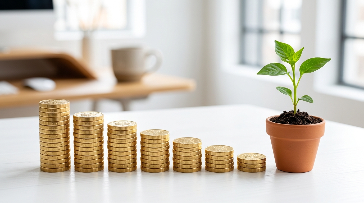 A neatly arranged row of stacked gold coins gradually decreasing in height next to a small sprouting green plant on a cl