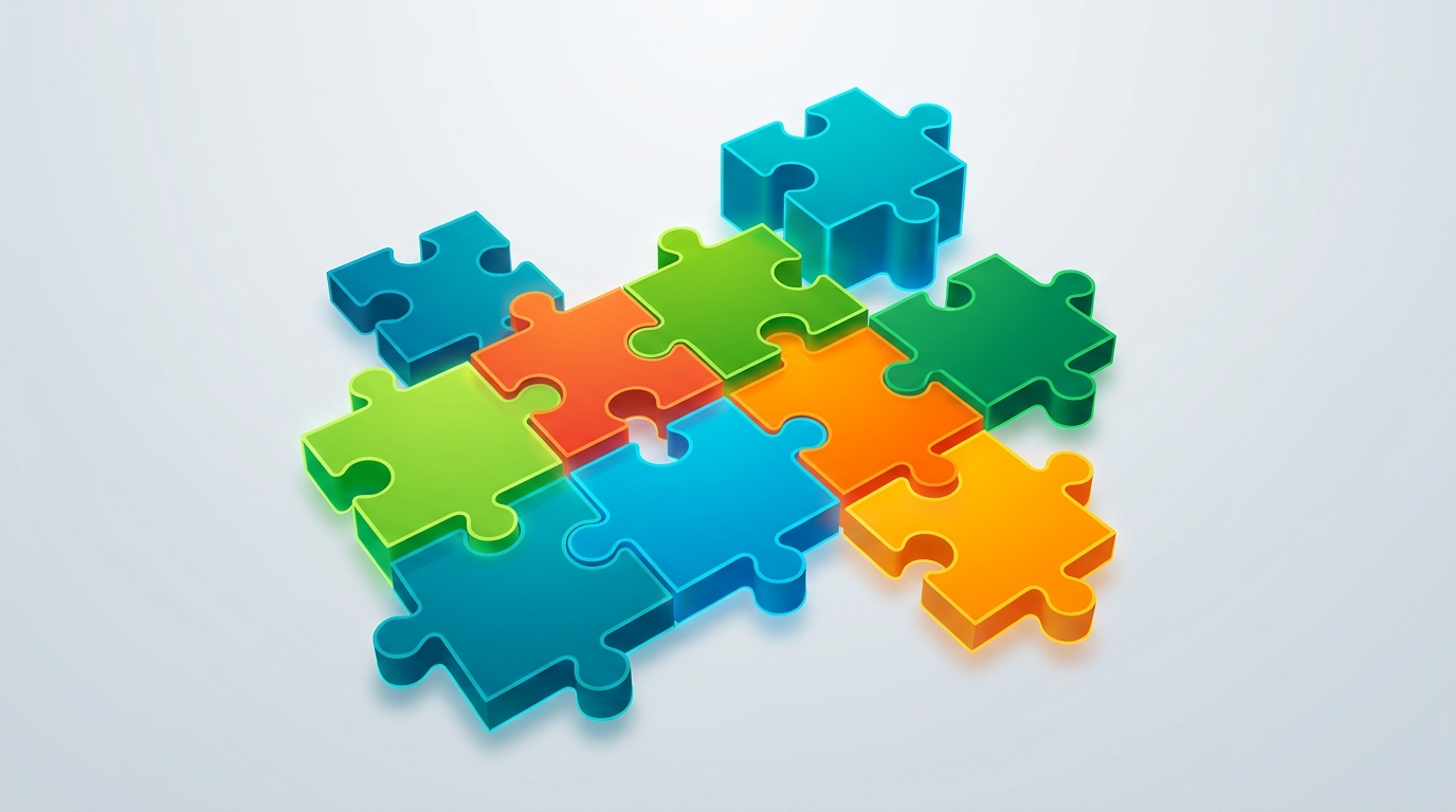 A conceptual illustration showing multiple interconnected puzzle pieces in blue, green, and orange tones coming together