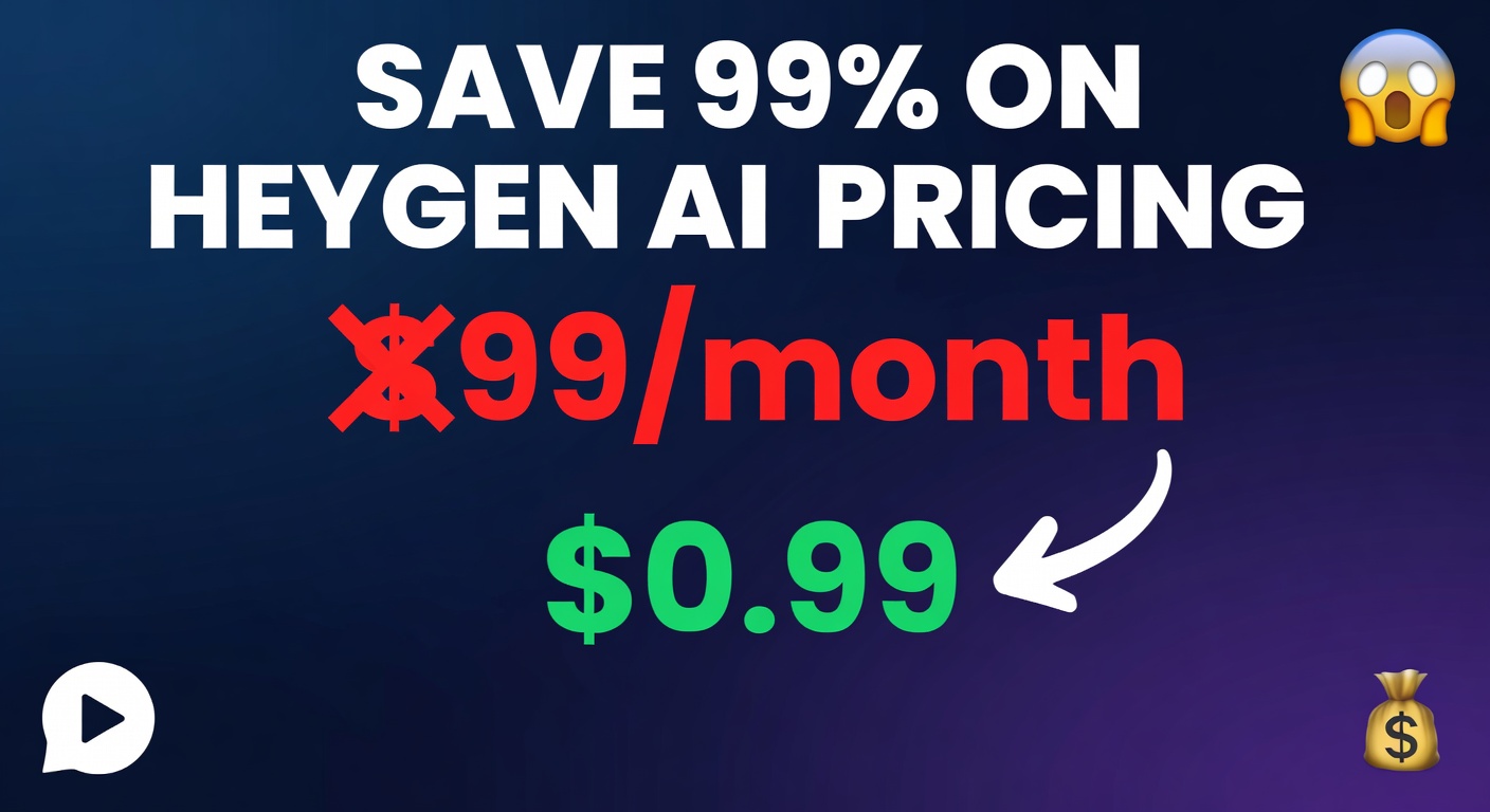 YouTube thumbnail marketing style. Bold white text "SAVE 99% ON HEYGEN AI PRICING".
Split s
