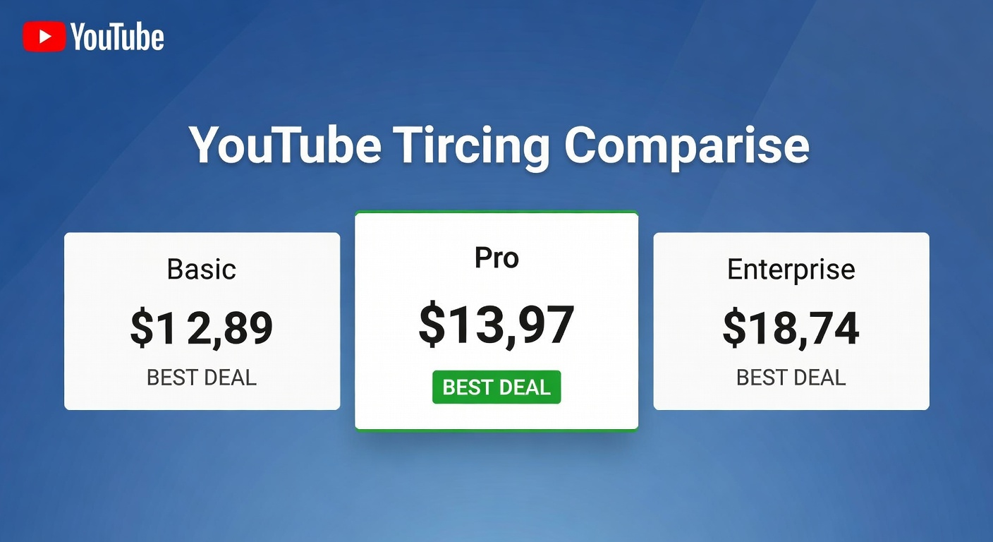 YouTube thumbnail marketing style. Pricing tier comparison visual.
Three pricing boxes: Basi