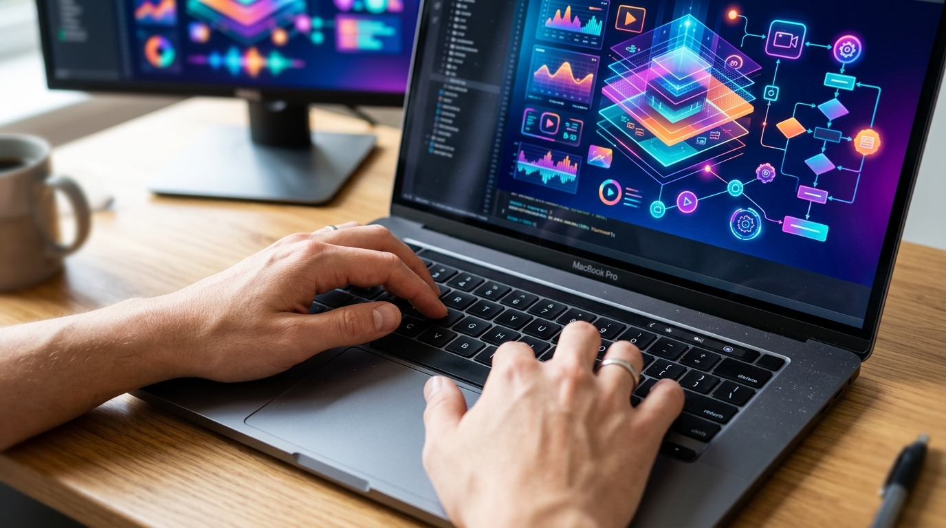 A close-up, overhead view of a person's hands typing on a laptop keyboard, with a blurred background showing colorful ab