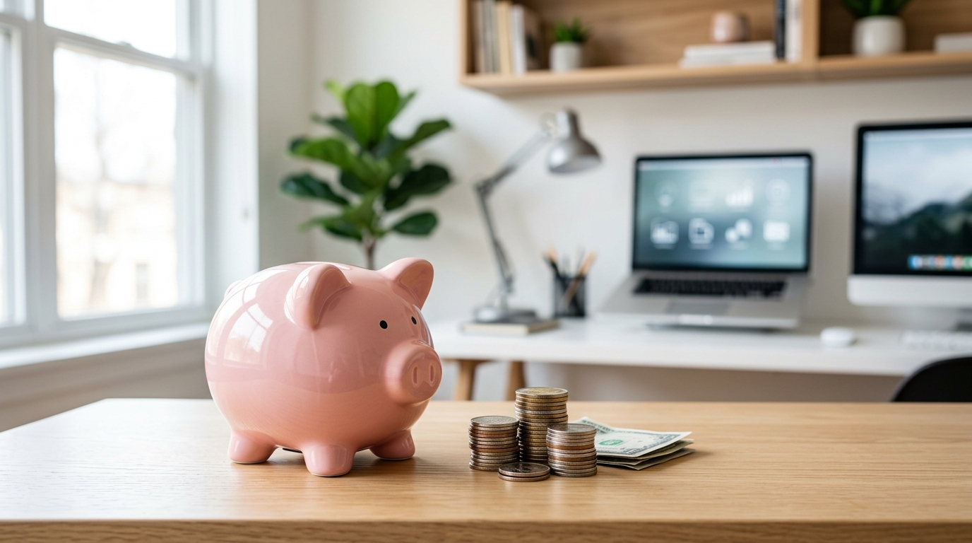 A piggy bank sitting next to a small stack of coins on a clean white desk surface, with a soft blurred background of a m