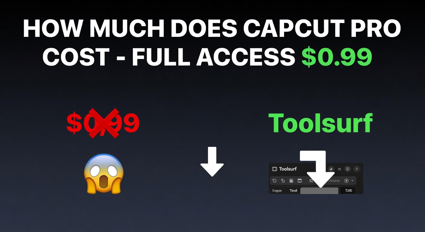 YouTube thumbnail marketing style. Bold white text "HOW MUCH DOES CAPCUT PRO COST - FULL ACCESS $0.9