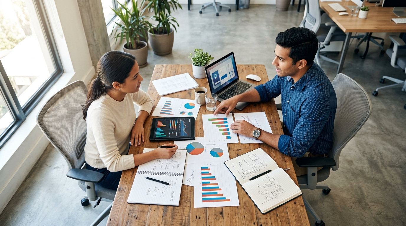 A birds-eye view of a collaborative workspace with two people sitting across from each other at a table covered in print