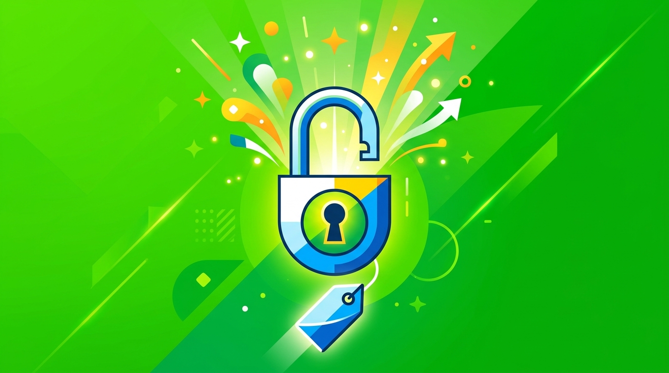 A minimalist graphic illustration of a padlock opening against a vibrant green background, symbolising unlocking premium