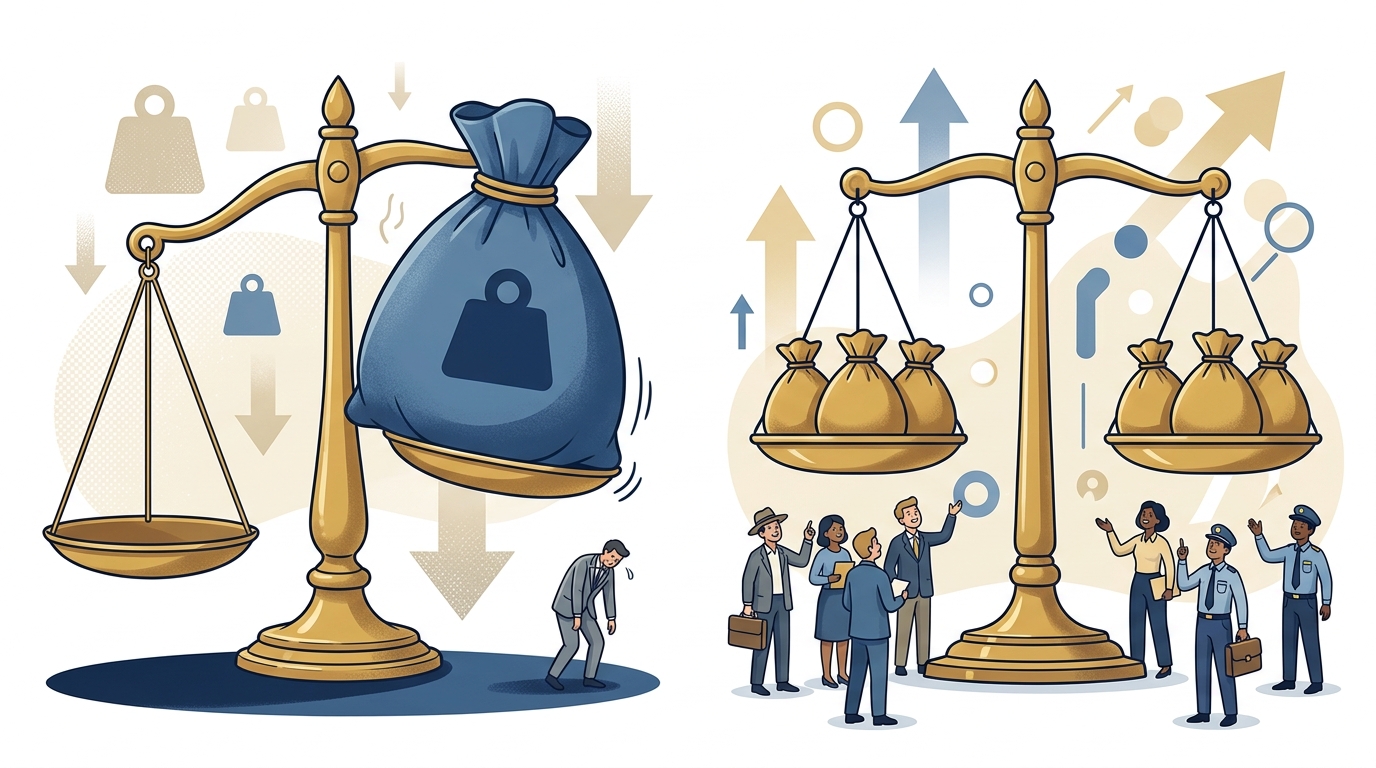 A split-image visual showing two contrasting scales — one side heavy and weighed down representing a large financial bur